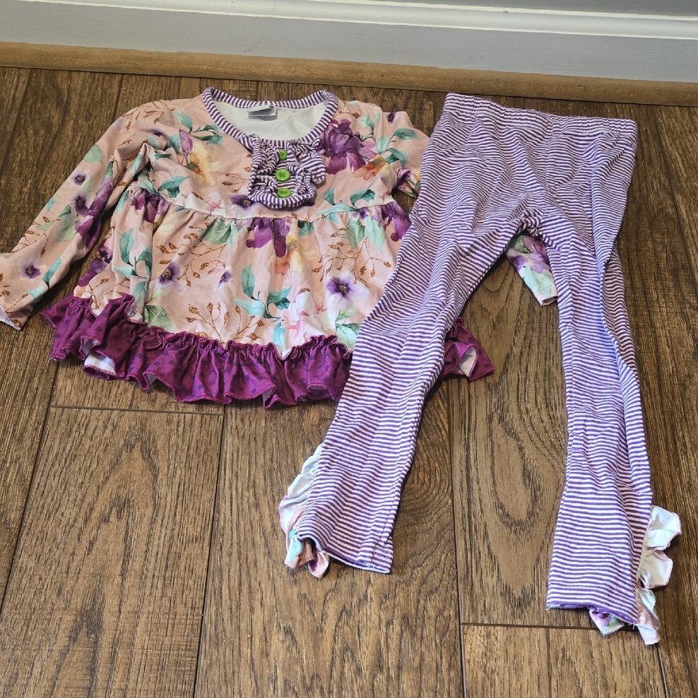 Floral Ruffle Top and Striped Leggings Set